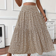 Women's Boho Floral Maxi Skirt - High Elastic Waist, Pleated A-Line Long Skirt