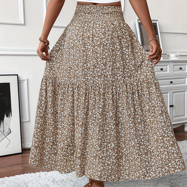 Women's Boho Floral Maxi Skirt - High Elastic Waist, Pleated A-Line Long Skirt