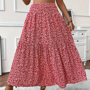 Women's Boho Floral Maxi Skirt - High Elastic Waist, Pleated A-Line Long Skirt