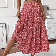 Women's Boho Floral Maxi Skirt - High Elastic Waist, Pleated A-Line Long Skirt