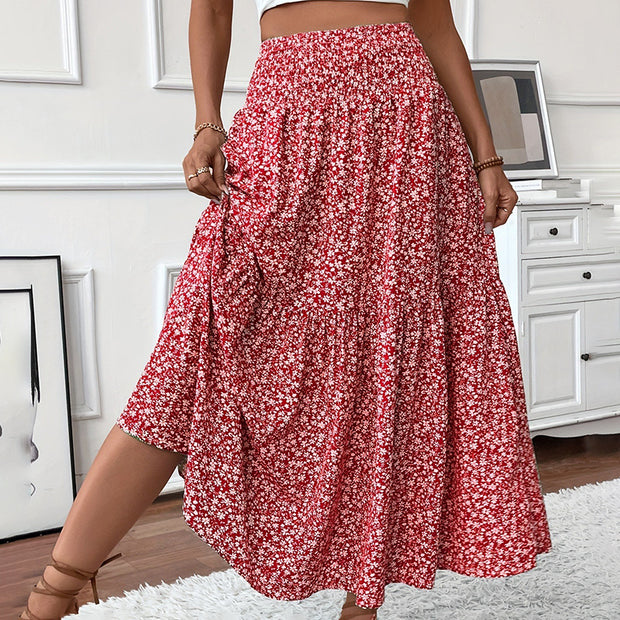 Women's Boho Floral Maxi Skirt - High Elastic Waist, Pleated A-Line Long Skirt