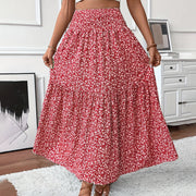 Women's Boho Floral Maxi Skirt - High Elastic Waist, Pleated A-Line Long Skirt