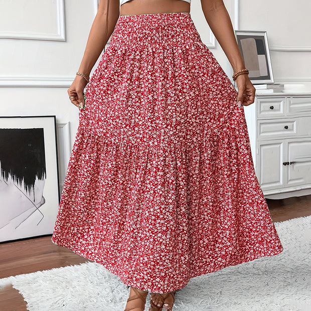 Women's Boho Floral Maxi Skirt - High Elastic Waist, Pleated A-Line Long Skirt