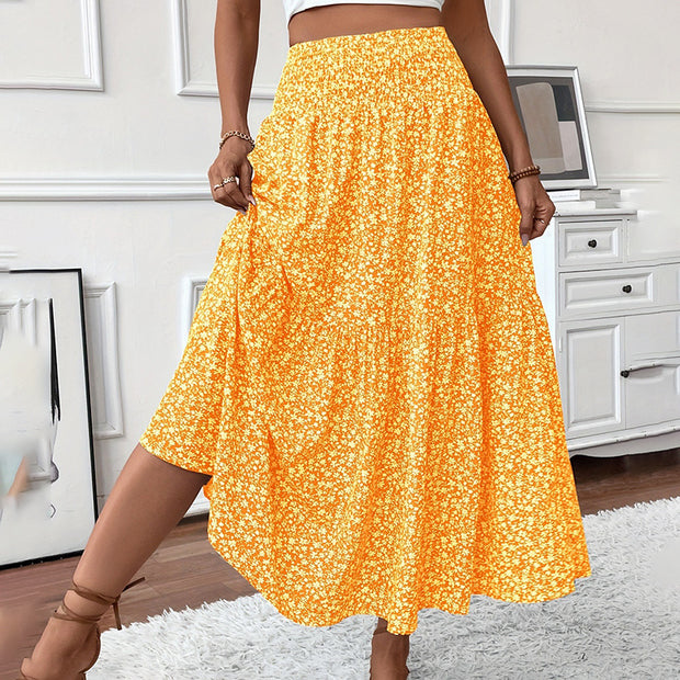 Women's Boho Floral Maxi Skirt - High Elastic Waist, Pleated A-Line Long Skirt