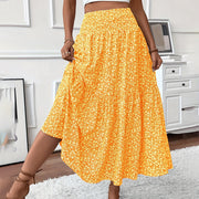 Women's Boho Floral Maxi Skirt - High Elastic Waist, Pleated A-Line Long Skirt