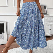 Women's Boho Floral Maxi Skirt - High Elastic Waist, Pleated A-Line Long Skirt