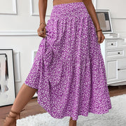 Women's Boho Floral Maxi Skirt - High Elastic Waist, Pleated A-Line Long Skirt