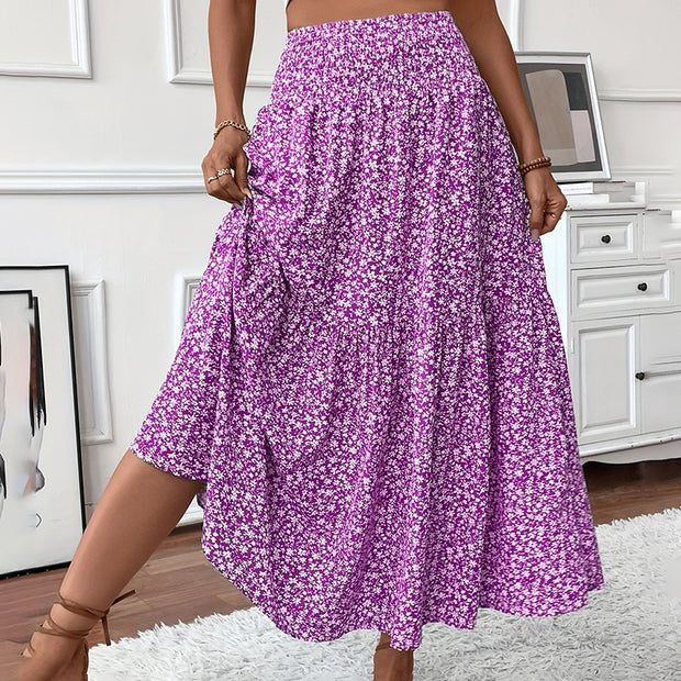 Women's Boho Floral Maxi Skirt - High Elastic Waist, Pleated A-Line Long Skirt
