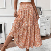 Women's Boho Floral Maxi Skirt - High Elastic Waist, Pleated A-Line Long Skirt