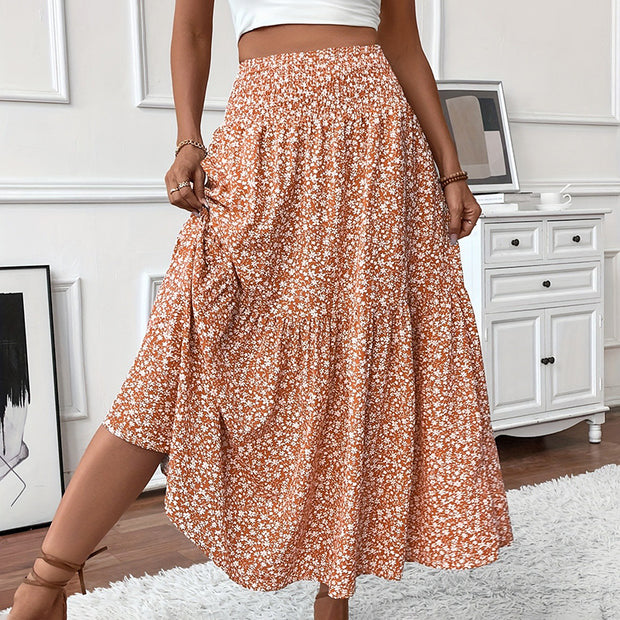 Women's Boho Floral Maxi Skirt - High Elastic Waist, Pleated A-Line Long Skirt
