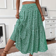 Women's Boho Floral Maxi Skirt - High Elastic Waist, Pleated A-Line Long Skirt