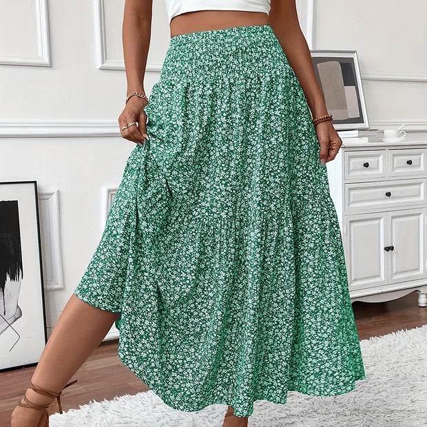 Women's Boho Floral Maxi Skirt - High Elastic Waist, Pleated A-Line Long Skirt